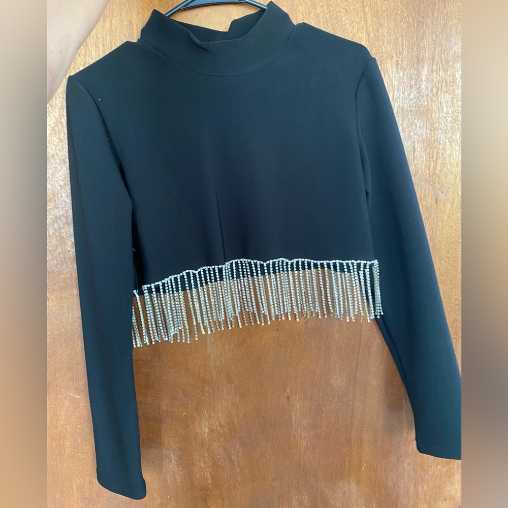 Black Long Sleeve Top with Beaded Fringe